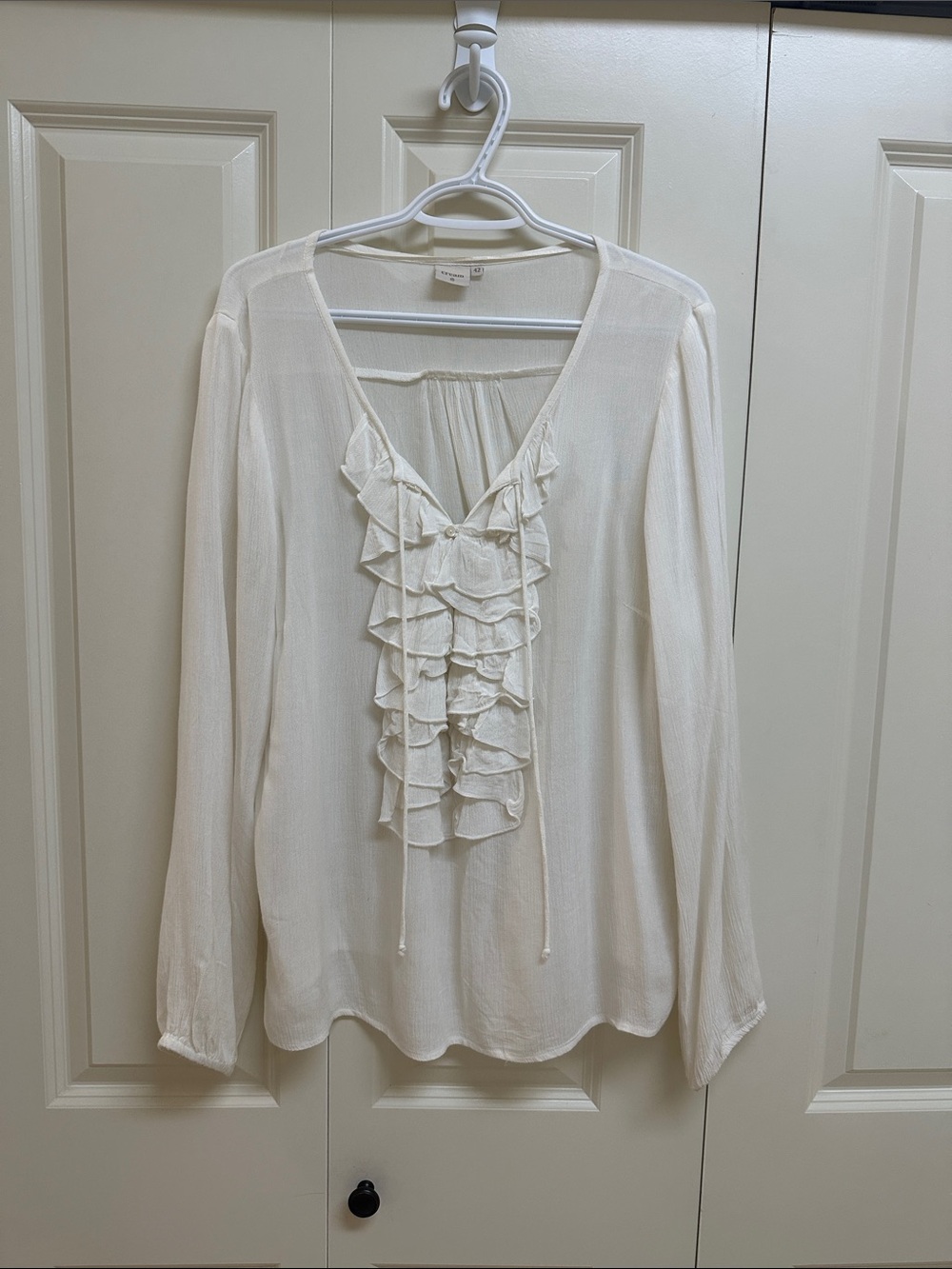 Light Cream Ruffle Front Long-Sleeve Blouse